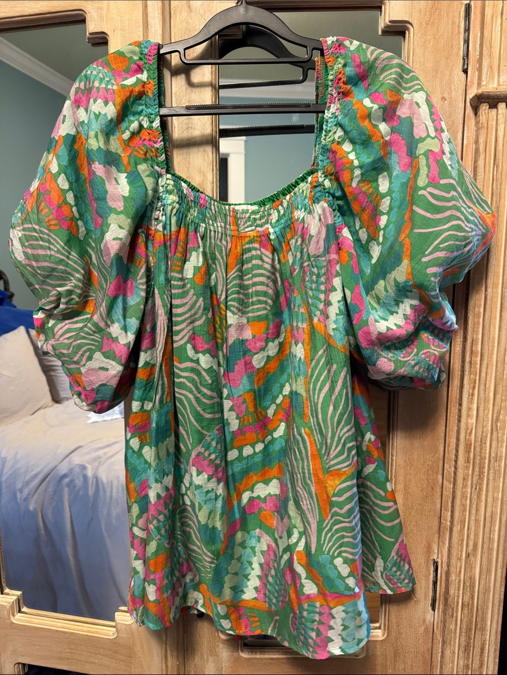 Chic Soul Green Multi-Color Puff Sleeve Blouse